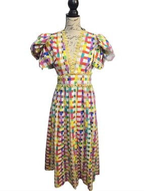 CELIA B Multicolor Check Puff-Sleeve Midi Dress Sz S